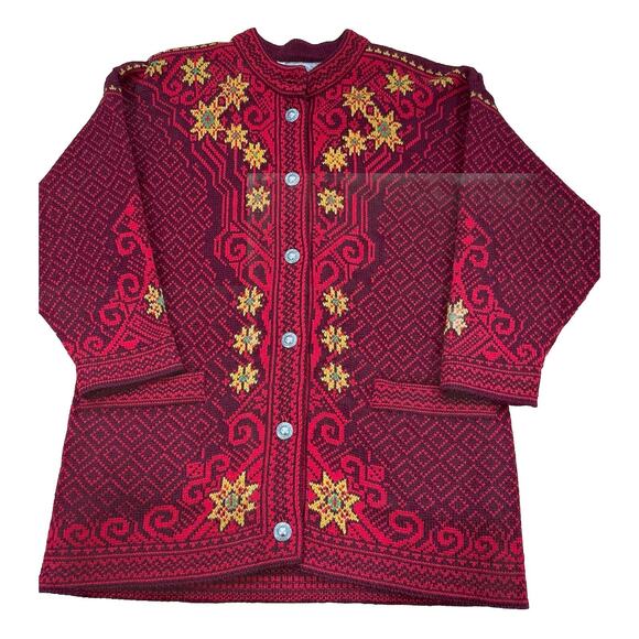 Norlaender Nordic Wool Red/Maroon Cardigan Sweater Coat Silver Buttons Size M - Picture 10 of 16